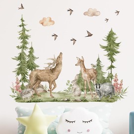 Forest Animals Tree Wall Decals Fox Bear Deer Woodland Nursery Decor Large Size Wall Stickers for Livingroom Bedroom 3 Sheets 30 * 90CM