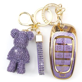 Rayslesan Cute Key Fob Cover with Rhinestone Bear Charm, Bling TPU Smart Key Case for Women, Compatible with Hyundai Sonata Santa Fe Tucson Nexo 2019-2021 Palisade 2023-2024 (7-Button, Gold Purple)