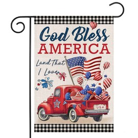 4th of July Garden Flags for Outside,Patriotic American Truck with Flags Buffalo Plaid Small Yard Flags for Outdoor,Memorial Independence Day Decorations for Farmhouse Holiday Summer 12x18 Inch Double Sided