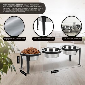 NMN Designs Vision Triple Diner - 3 Bowl Dog Feeder - Medium to Large Dogs - Multi-Dog Feeding Station - Furniture Grade Steel - UV Weather Resistant - No Noise - Indoor/Outdoor - 7" Tall