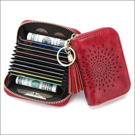 Small Wallet Women RFiD Blocking Card Holder 1 Piece with Keychain Cash Slot and ID Card case - Color: Red