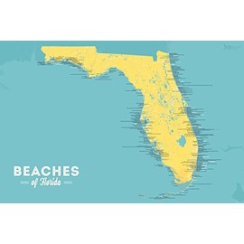Florida Beaches Checklist Map 24x36 Poster (Marigold & Turquoise)