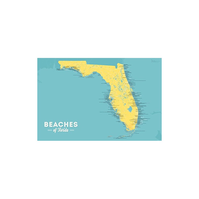 Florida Beaches Checklist Map 24x36 Poster (Marigold & Turquoise)