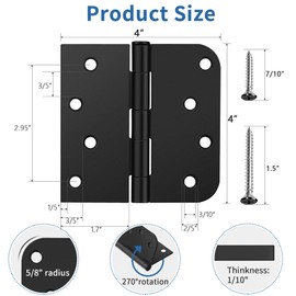 3 Pack Matte Black Door Hinges 4 Inch, Exterior Door Hinges with 5/8" Radius & Square Corners, Removable Pin, Perfect for Heavy-Duty Front & Back Door, Anti-Rust & No Squeaks