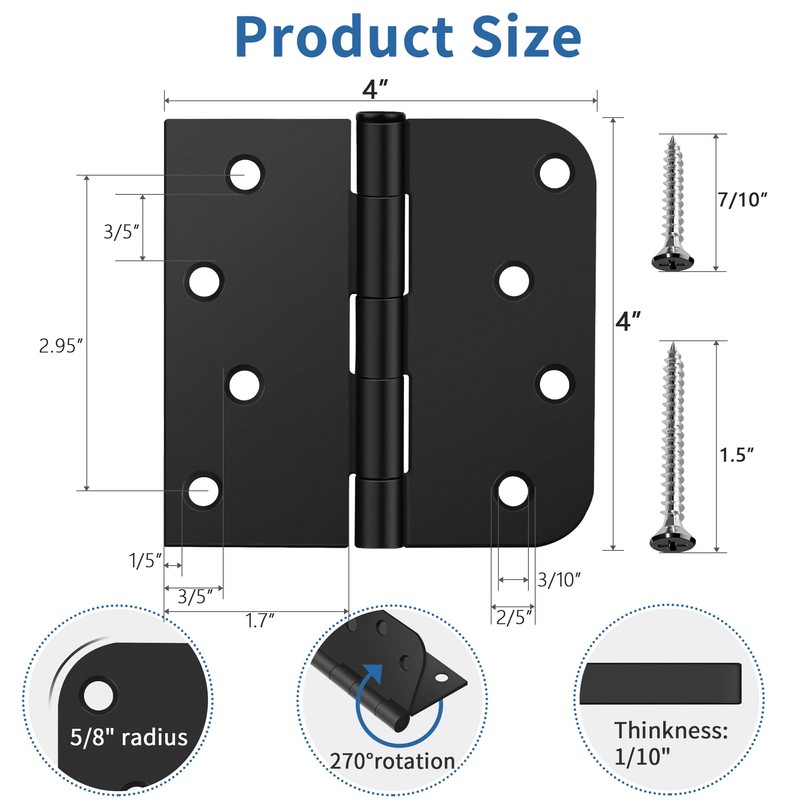 3 Pack Matte Black Door Hinges 4 Inch, Exterior Door