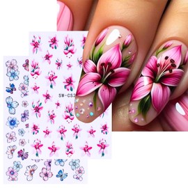2 Sheets Spring Flower Nail Stickers Blossom Nail Art Stickers Self Adhesive Flower Design Stickers para uñas Pack Floral Nail Decals for Beautiful Nail Art Perfect for DIY Manicure Nail