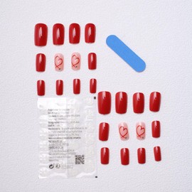 24Pcs Valentines Press on Nails Short Square Fake Nails with Rhinestone Heart Design Red Heart False Nails Valentines Nails Press ons Artificial Glue on Nail Full Cover Stick on Nail for Women