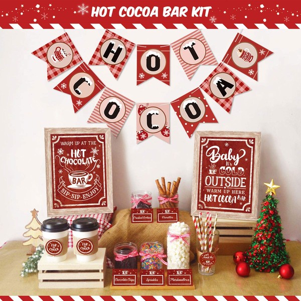 Hot Cocoa Bar Kit Hot Cocoa Banner Hot Chocolate Bar Sign Toppings Tent Cards Cup Tags Stickers for Wintertime Holiday Christmas Party New Year Party Baby It's Cold Outside Decorations (Red and White Style)