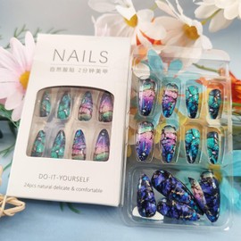 24Pcs Milky Way Press ons Fingernails Starry Sky Press on Nails Glossy Blue Gradient Medium Almond False Nail Curve Gel Glue on Acrylic Fake Nails Purple Ombre Stick on Nail for Holiday Manicure Art