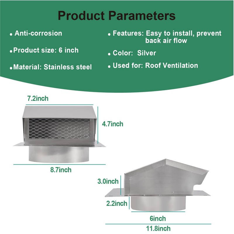 LTSEAME 6 Inch Stainless Steel Roof Vent Cap,Bathroom Exhaust Roof