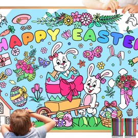 Qpout Easter Coloring Tablecloth Includes 12 Paintbrushes,Large 72 "x 31" Paper Cover with Bunny and Egg Designs for Easter Parties Family Gatherings and School Activities.