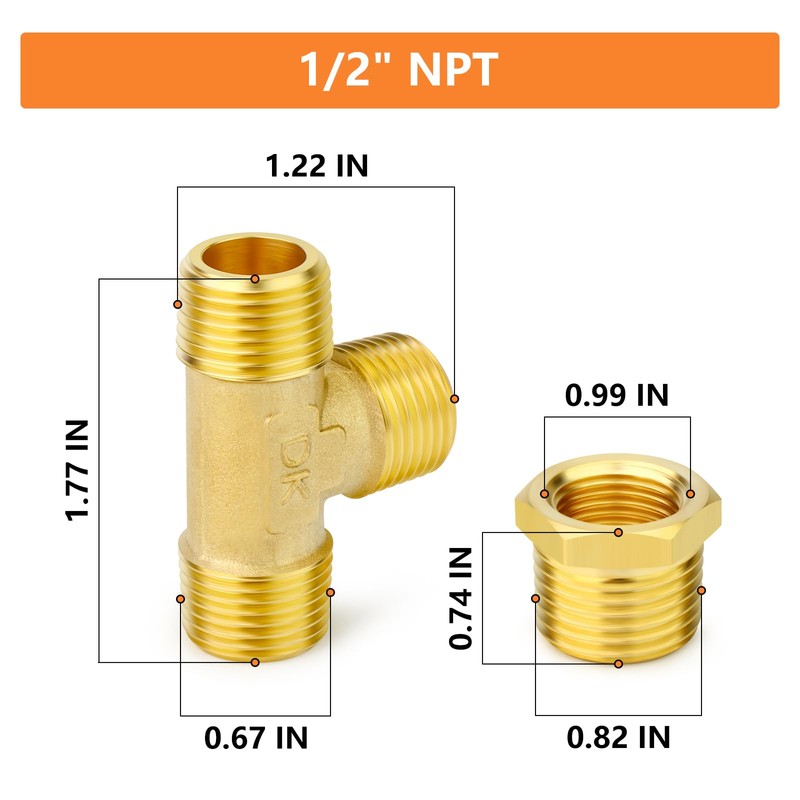 GASHER 2PCS Brass Male Tee Pipe Fitting T Adapter, 3