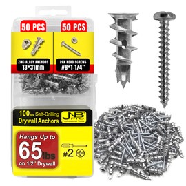 JNB Pro 100 Pieces Zinc Dry Wall Anchors and Screws Kit Metal - 50 Pcs Self Drilling Anchors and 50 Pcs #8 x 1-1/4" Screws, Heavy Duty 65lb Capacity, No Need for Studs