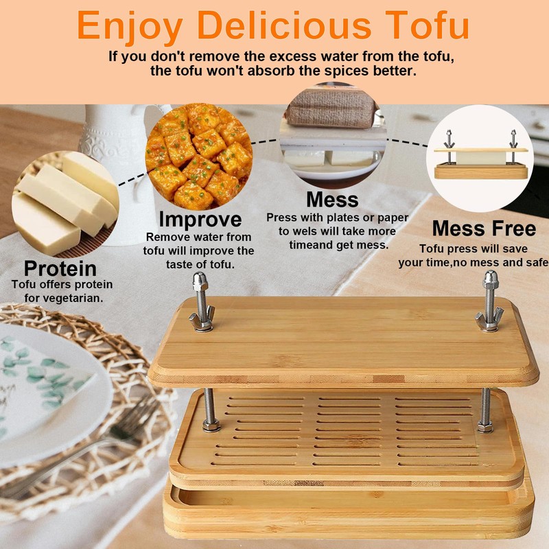 Tofu Press,Large Bamboo Tofu Press with Tofu Strainer,Drip Tray and