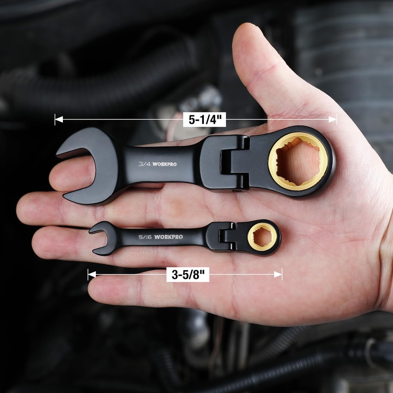 WORKPRO 8-Piece Stubby Anti-slip Ratcheting Combination Wrench Set, SAE 5/16-3/4