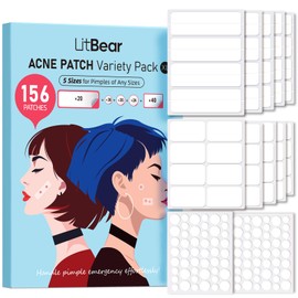 LitBear LitBear Large Pimple Patches, 5 Sizes 156 Patches Big Acne Patch, 60 XL Hydrocolloid Patch for Full Face, Forehead, Chin, Nose, Body, Back, Neck & Chest, Stirp, Square Large Hydrocolloid Bandages
