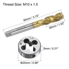 sourcing map Tap and Die Set Metric M10 x 1.5, HSS (High Speed Steel) Titanium Plated Machine Spiral Flute Thread Screw Tap, Alloy Steel Round Threading Die
