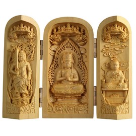 Buddha Statue, Sankai Buddha Kannon Statue, Dainichi Nyorai, Wooden Carving, Mini Buddhist Altar, Buddhist Box, Figurine, Height 3.9 x Width 5.1 x Depth 2.2 inches (10 x 13 x 5.5 cm)