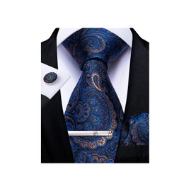 DiBanGu Blue Ties for Men Classic Paisley Tie and Pocket Square Cufflinks Tie Clip Woven Business Formal Neckties Handkerchief