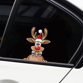 Iprokiu Cute Christmas Santa Claus Peeking Car Sticker Reindeer Snowman Car Window Bumper Decal Waterproof Vinyl Car Sticker and Decal Vehicle Truck Laptop Wall Car Decoration (Reindeer)