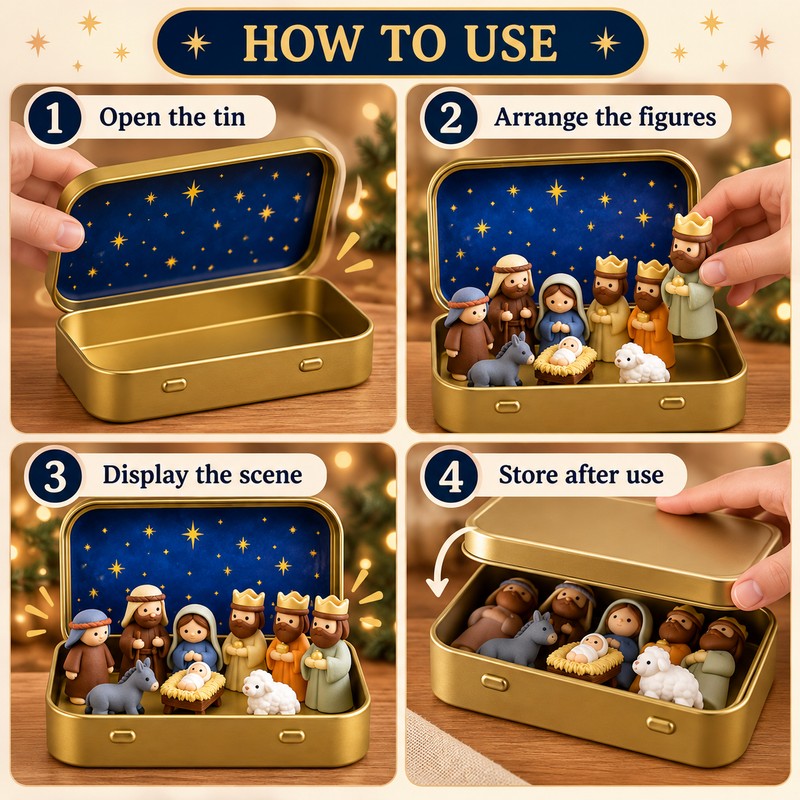 Mini Christmas Nativity Set in Tin Box, Portable Manger Scene