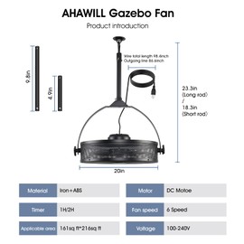 AHAWILL Outdoor Ceiling Fans with Lights for Garage,Outdoor Gazebo Fan with Remote&APP,Dimmable Plug in Ceiling Fan with Hanging Cord for Pergola,Patios,Porches,BLACK