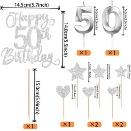 Juego de 13 decoraciones para tartas de feliz cumpleaños 50 con estrellas de corazón con purpurina para 50 años de cumpleaños, número 50 velas, decoración de pasteles para feliz cumpleaños 50