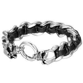 Cupimatch Men's Punk Rock Bracelet Gothic Elastic Silver Black Stainless Steel Twisted Cable Skull Bangle 25 cm, Stainless Steel