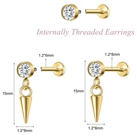AoedeJ Stainless Steel Flat Back Earrings Internally Threaded Labret Flat Back Nose Stud Silver Screw Back Earrings for Women (Style 3 Gold)