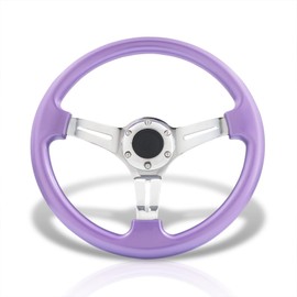 AJP Distributors Car Steering Wheel,Universal Steering Wheels,350mm 14" 6 Bolts Holes Heavy Duty Steering Wheel w/Horn Button, JDM VIP 3 Spoke Steel Chrome Polished Center w/Purple Trim