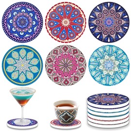 Cork Coasters Set of 6, Round Absorbent Ceramic Coasters for Drinks, Cup coasters with Cork Base, Outdoor Coasters for Garden Tables, Wooden Table, Tabletop Protection Pad 4 Inches