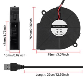 4PCS 7515 Cooling USB Blower Fan 3D Printer DC 5V Fans Blower Turbo Hydraulic Bearing Brushless Cooling Fan for Small Appliances Replacements 75x75x15mm (DC 5V-USB)