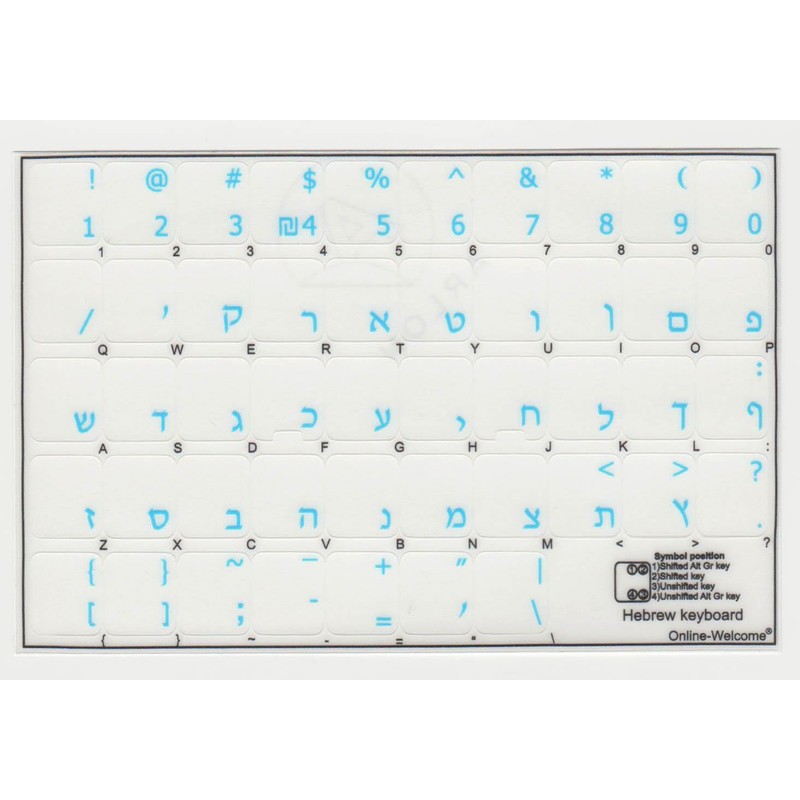 Hebrew Keyboard Stickers Transparent Blue Lettering for All PC Desktop