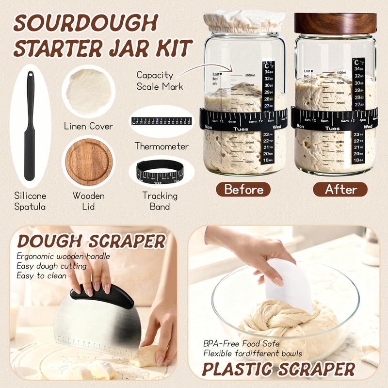 Sourdough Starter Kit,40oz Sourdough Starter Jar with Wooden Lid,2 Banneton