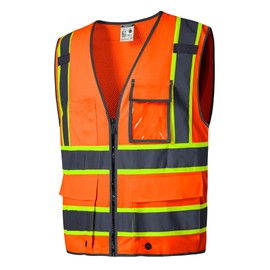 SKSafety High Visibility Reflective Safety Vest With 10 Multi-Functional Pockets+2 Mic Straps, Meet ANSI/ISEA 107-2020 Standards, Type R Class 2 Safety Vest(Neon Orange Yellow Strips-Mesh Back,Medium)