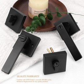 Probrico Square Entry Levers and Single Cylinder Deadbolts Combo Pack, Flat Black Keyed Alike Heavy Duty Keyed Entry Handles Locksets Reversible for Right and Left Side, 2 Pack(All Same Keys)