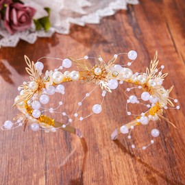 CAKURE Pearl Wedding Headbands Gold Bridal Headpiece Handmade Bride Wedding Hairband Bridal Hair Accessories for Women and Girls