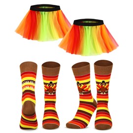 Liitrsh 2 Set Thanksgiving Turkey Costumes, Holiday Tutus and Printed Mid Calf Socks, Turkey Trot Costumes and Accessories Running Socks for Women Cosplay Party, Yellow, Orange and Brown