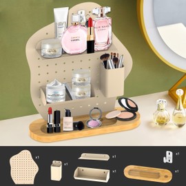 Solid Wood Base Pegboard Set, 6-Piece Office Storage Compartment Storage Rack with Shelves, Hooks, Storage Boxes, Multiple Storage Methods for Bedroom, Desk, Office, Powder Room (Apricot 1 Piece)