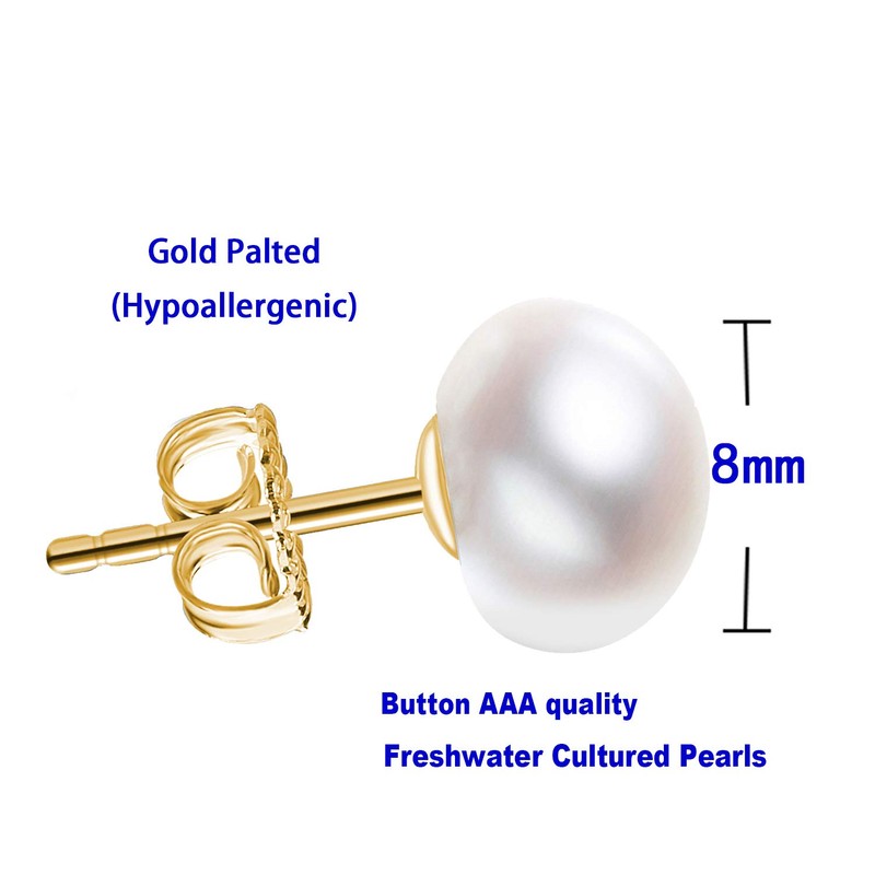 Classic Daily Gold 8mm White Freshwater Cultured Pearl Stud Earrings