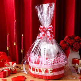 Pickmesh Valentine's Day Gift Basket Small Woven Basket with Gift Bags Tissue Paper Love Letters Bow Knot Clear Cellophane Bags Tags for Valentines Day Holiday Birthday Party Supplies