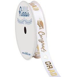 Ribbli Graduation Ribbon,Congrats Grad White&Gold Satin Ribbon Use for Gift Wrapping,Graduation Party Decoration,1/2 Inches x 10 Yards