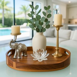 Acacia Wood Serving Tray with Handles, Premium Coffee Table Decor, 16.5”x12.5”, Oval Design, Breakfast in Bed, Decorative Ottoman Tray for Living Room, Wood Tray, Coffee Table, Candle Display