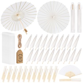 Aodaer 24 Packs Wedding Paper Umbrellas White Hand Fans with Thank You Tags Organza Bags 33 Inch Decorative Oiled Umbrellas Chinese Japanese DIY Parasol Painting Crafts for Wedding Bridal Party Decor