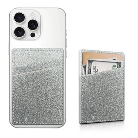NEZGUEE Cell Phone Adhesive Card Holder - Dual Pocket Leather Wallet with Adhesive, Cute Credit Card Holder for Most Phones -Glitter Silver