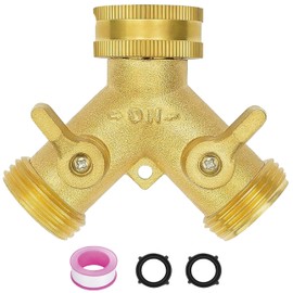 2 Way Garden Tap Splitter, 2-Way Tap Connector with Individual On/Off and Two Quick Connector, 3/4" Tap Y Splitter Brass Hose Connector,Garden tap Splitter 2 Way,Brass Hose Outdoor tap Splitter 2 Way
