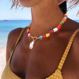 Fashband Boho Necklace, Colorful Turquoise Necklaces, Pearl Beach Pendant Necklace for Women, Metal