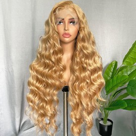 SOKU Strawberry Blonde 13x4 Lace Frontal Wig 32 Inch Body Wave Pre Plucked with Baby Hair Transparent Swiss Heat Friendly Synthetic Honey Blonde Lace Front Wigs for Women Christmas Gift