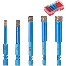 FASTVENIENT Diamond Drill Bits Set,5pcs Tile Hole Saw,Diamond Hole Saw Size(3/16”,1/4”, 5/16” 3/8”, 1/2”),1/4 Inch Hex Shank for Glass,Ceramic,Porcelain,Tiles,Marble Brick,Granite,Quartz Pots,Acrylic