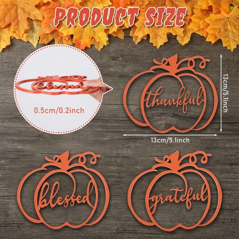 12 Pieces Thanksgiving Pumpkin Tabletop Wood Cutouts with Thankful Grateful